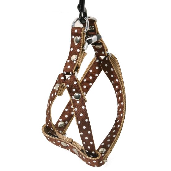 Harnais galon motif pois sur sangle nylon: Tour de cou 23-33 cm marron