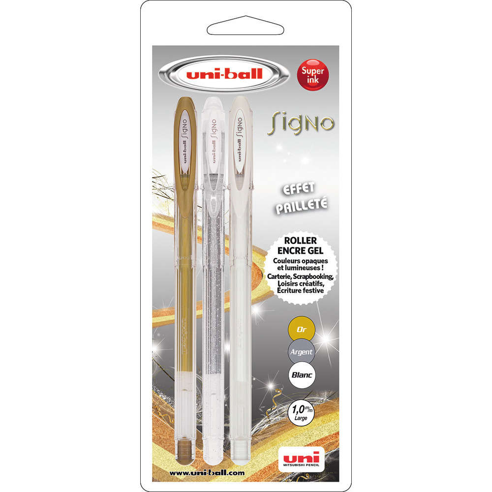 Gels Uni-ball Signo assortis x3, pailletés