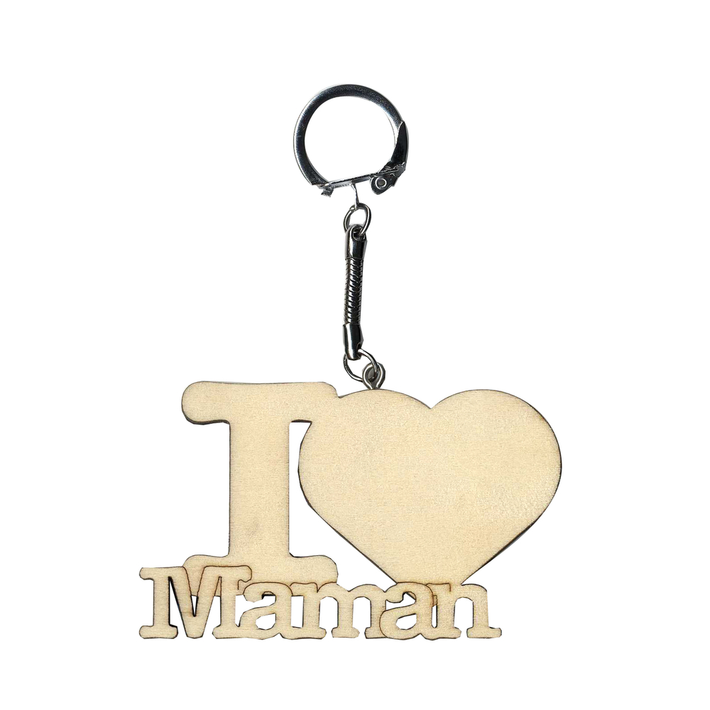Porte-clés 'I love maman', en bois L. 8 x H. 5 cm