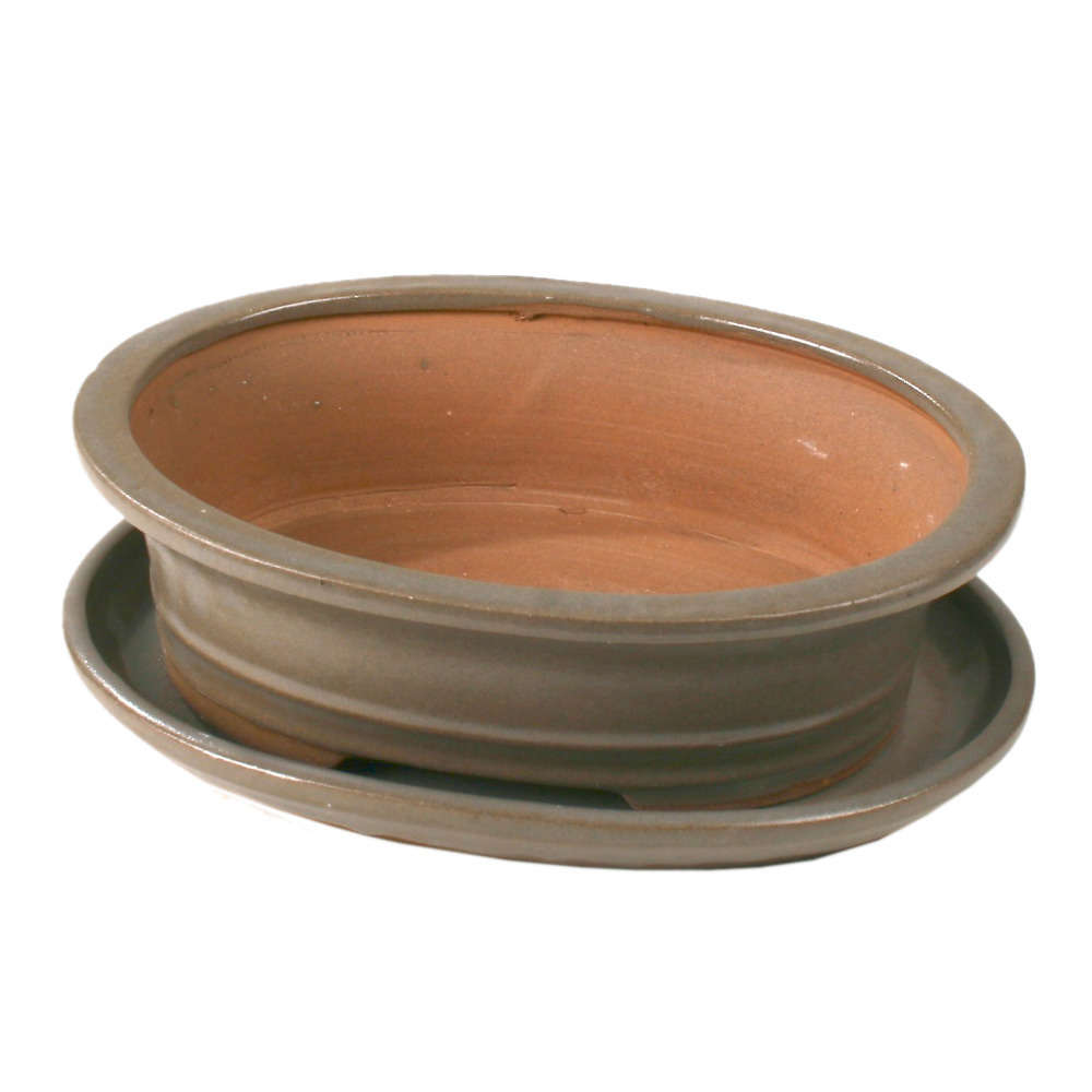 Poterie bonsaï + soucoupe, en terre cuite émaillée L. 26 x l. 21 cm
