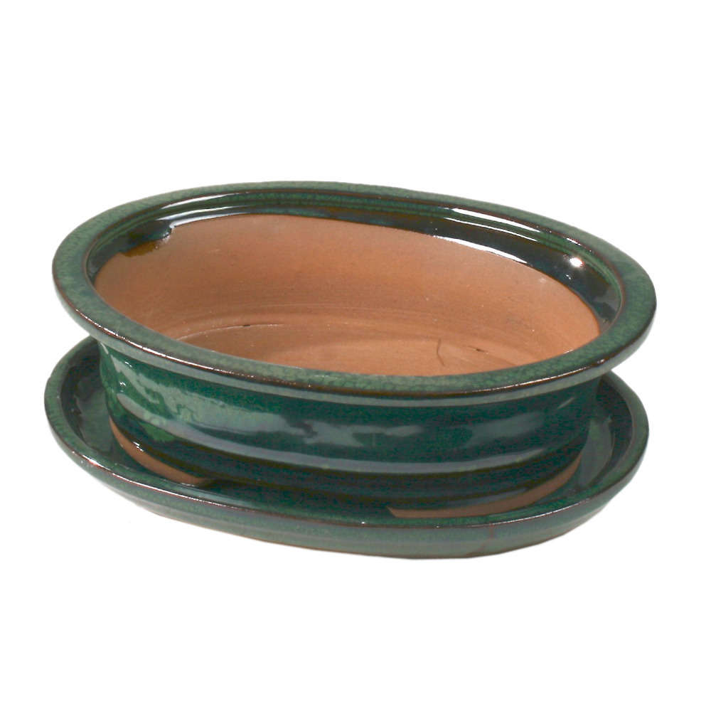 Poterie bonsaï + soucoupe, en terre cuite émaillée L. 21 x l. 17 cm