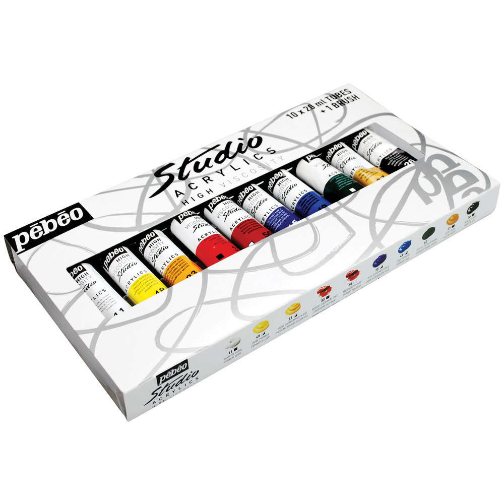 Studio Acrylics: Etui de 10 tubes 20ml assortis + 1 brosse SBB