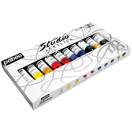 Studio Acrylics: Etui de 10 tubes 20ml assortis + 1 brosse SBB