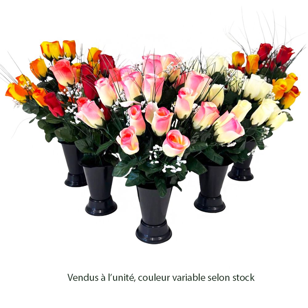 Vase funéraire, roses artificielles/gypsophiles, coloris variés- D.9cm