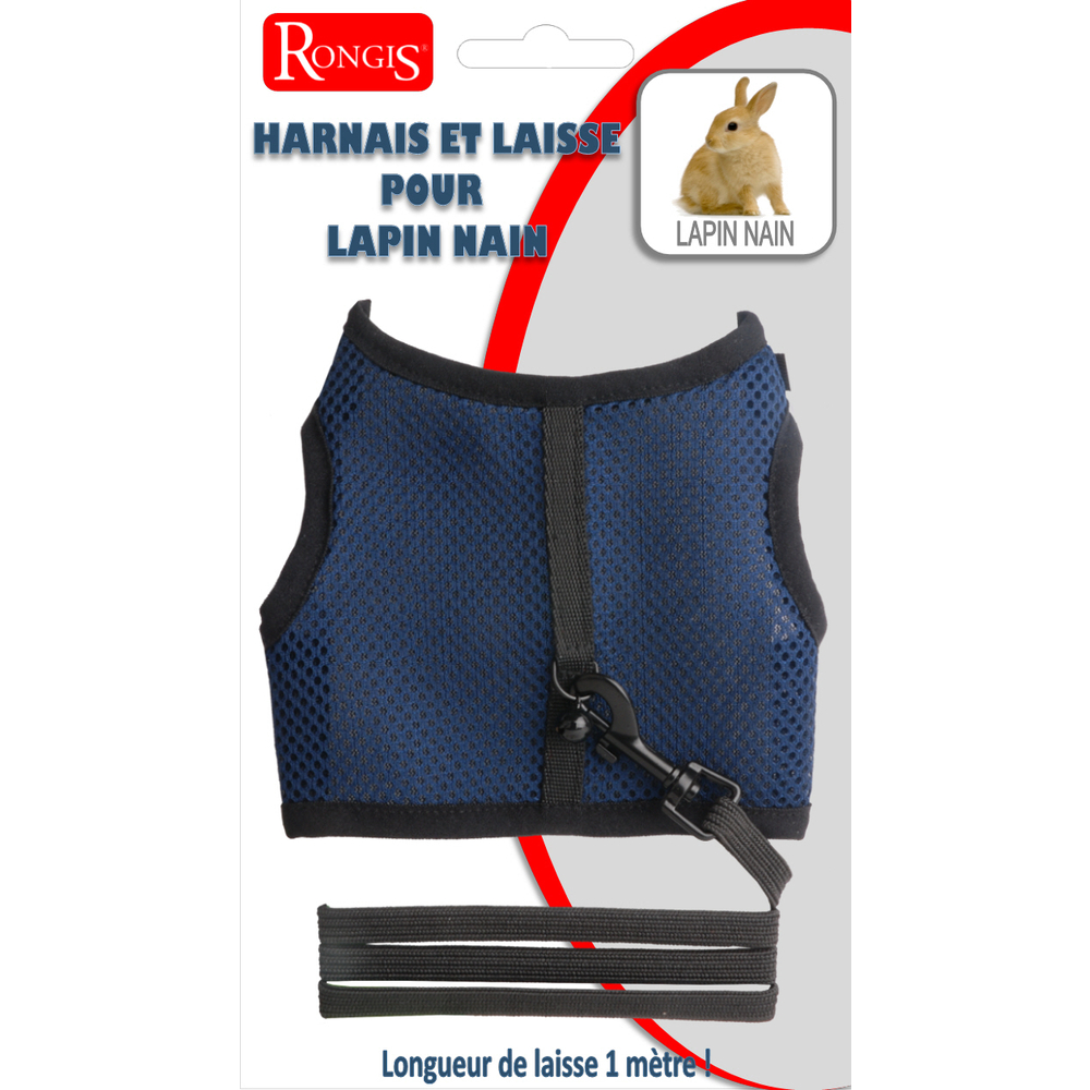 Harnais et laisse pour lapin nain : bleu Laisse de 1 mètre