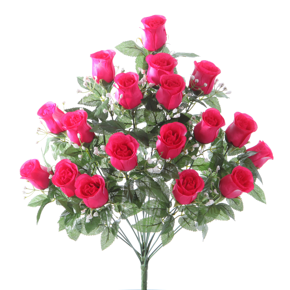 Fleurs artificielles - bouquet fuchsia de roses et gypsophiles H.59cm