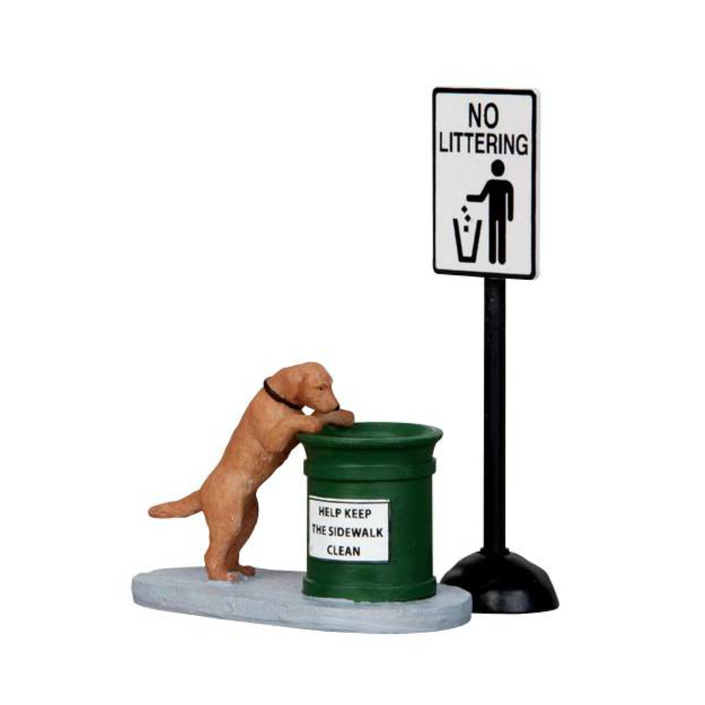 Figurine de Noël : Chien cherchant dans une poubelle - H.8,5cm