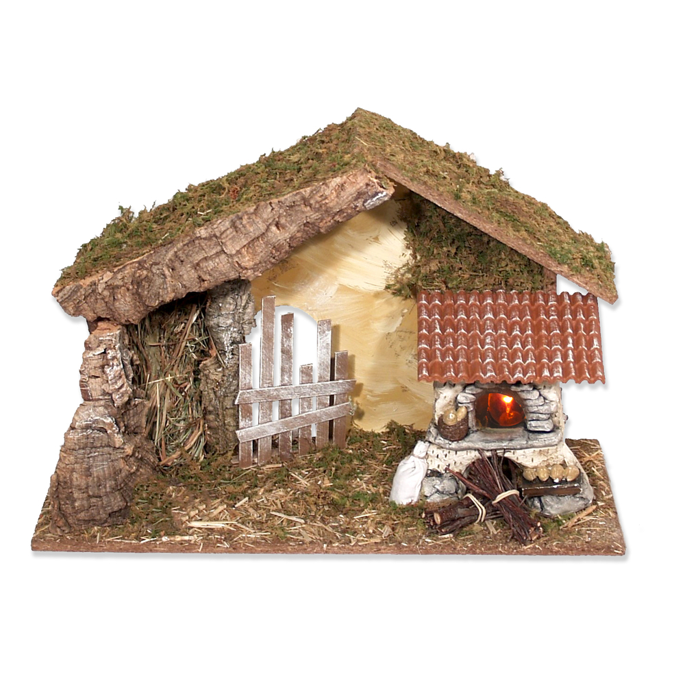 Crèche bois liège et mousse avec tuiles, barrière et feu 42x18x28cm