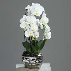 Orchidee artificielle 3 hampes en pot ceramique Argent H 55 cm Crème