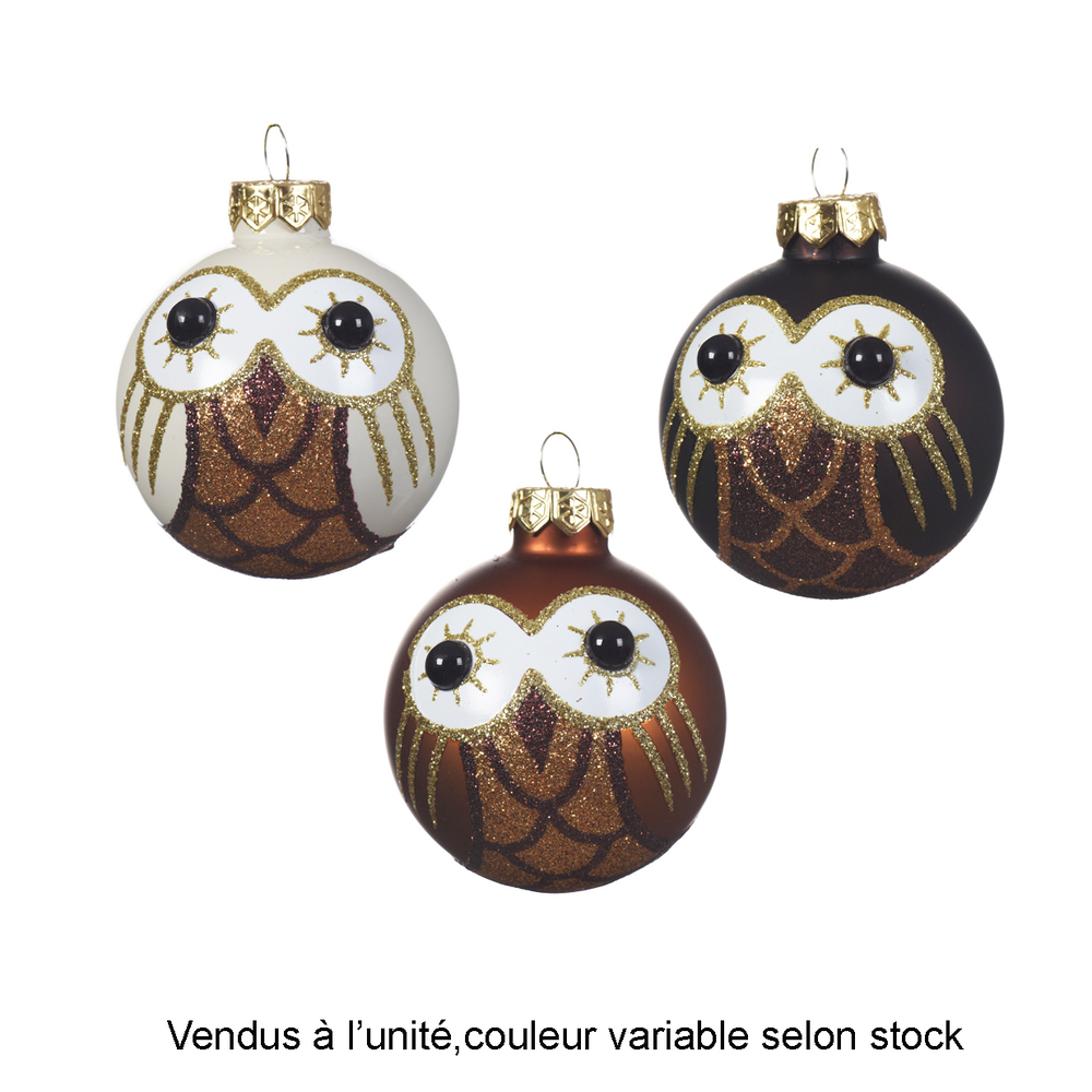 Boule de Noël en verre : chouette, coloris marron - D.6cm