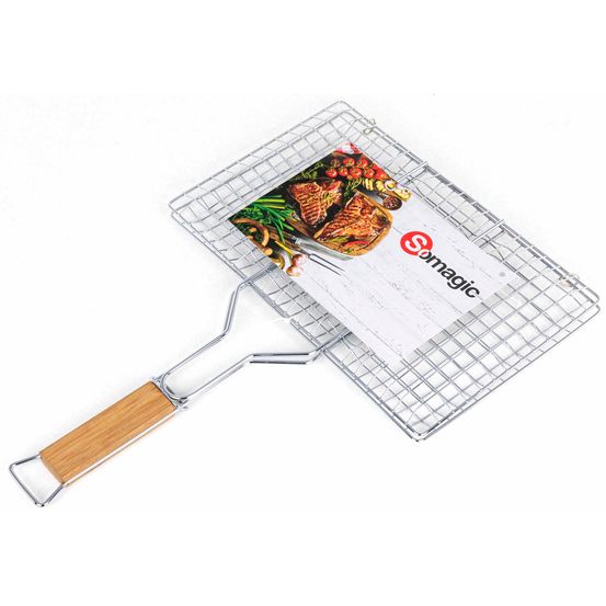 grille double à saucisses, brochettes, hamburger acier chromé 34 x 22