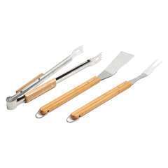 Set 3 accs inox manche bois (pince, spatule, fourchette)