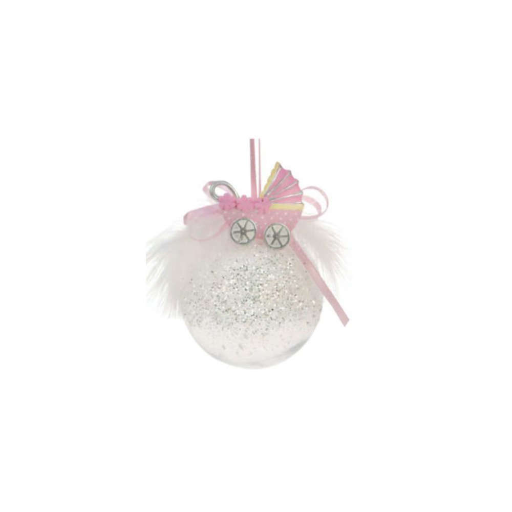 Boule de Noël poussette plumes nœud rose bleu - Ø6,5cm