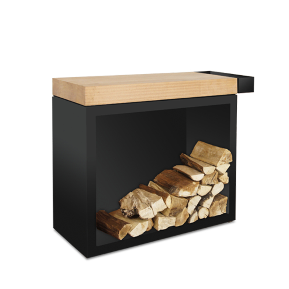 Rangement à bois avec billot en acier noir et teck - 45x90 cm