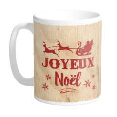 Mug joyeux noel fond bois D 8 cm H 9,5 cm