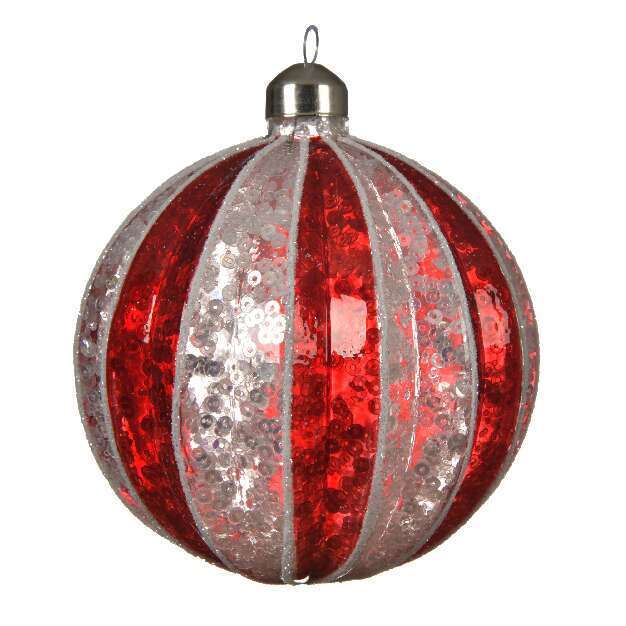 Boule verre rouge blanc sapin D.8cm