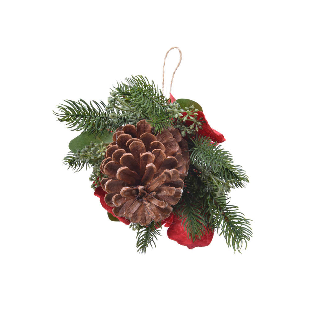 Suspension pointsettia pomme de pin H 25 cm