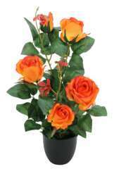 Rosier artificiel orange pot noir 4 fleurs + 1 bouton de rose 50cm