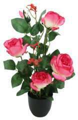 Rosier artificiel rose pot noir 4 fleurs + 1 bouton de rose 50cm