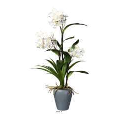 Orchidée Dendrobium artificielle, vase céramique, H 70 cm, Crème