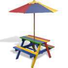Table et bancs en bois avec parasol pour enfant