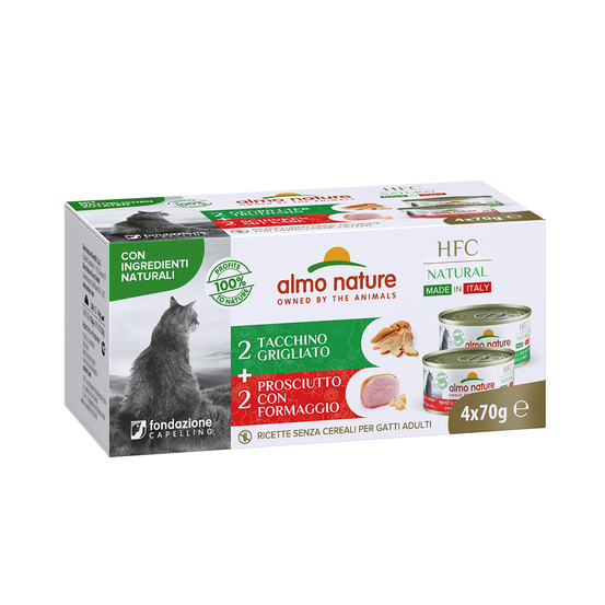 Boite pour chat 4x70g Hfc Natural Dinde Grillee/Jambon Fromage
