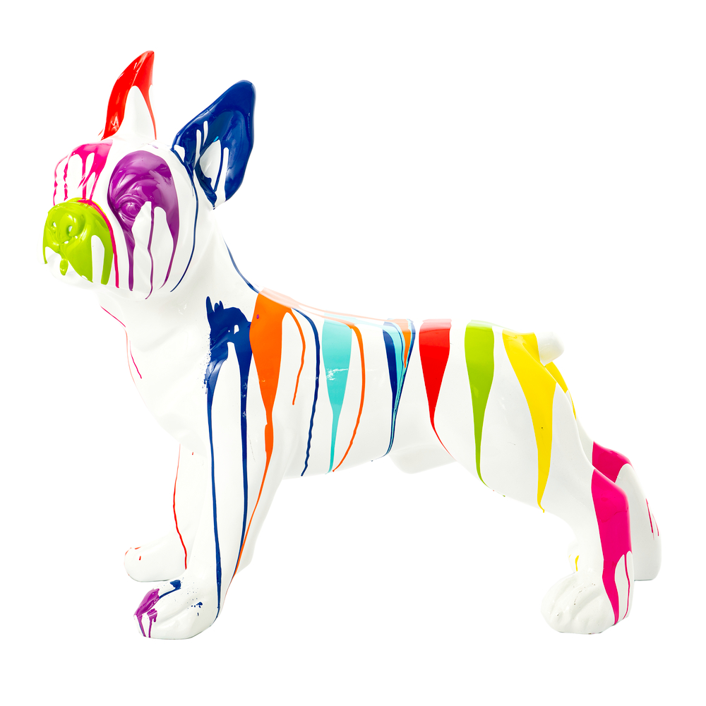 Statue bulldog français, effet trash multicolore, fond blanc - H.80cm