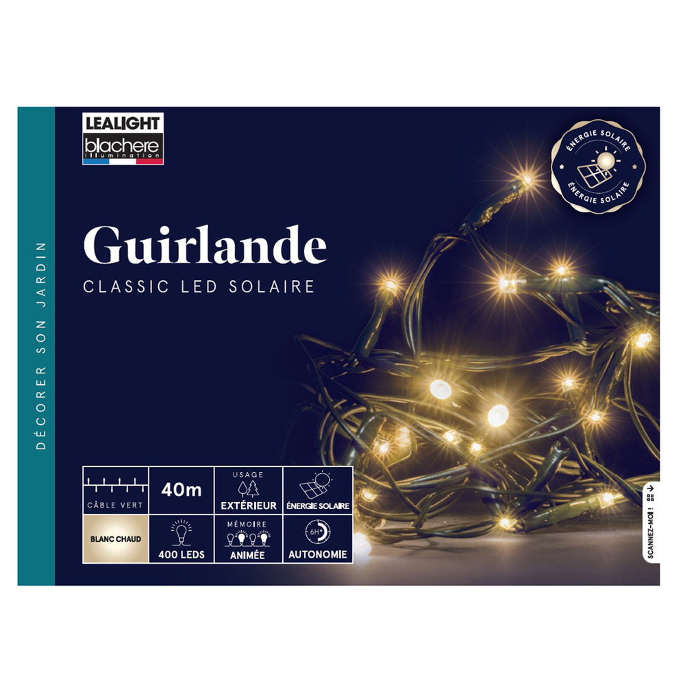 Guirlande solaire animée 400 led, blanc chaud - 40m