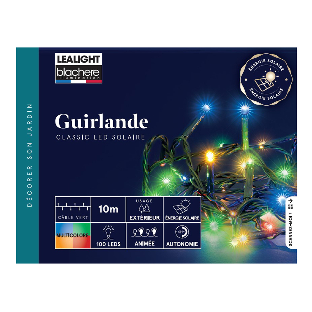 Guirlande solaire animée 100 led, multicolore - 10m