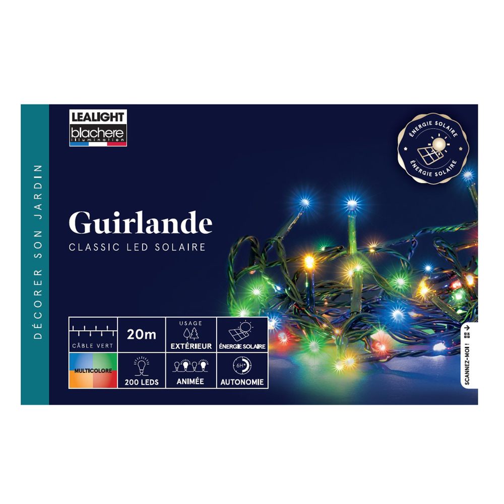 Guirlande solaire animée 200 led, multicolore - 20m