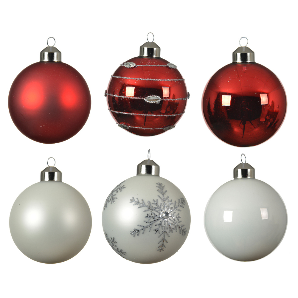 Assortiment 6 boules de Noël, coloris rouge/blanc - D.8cm