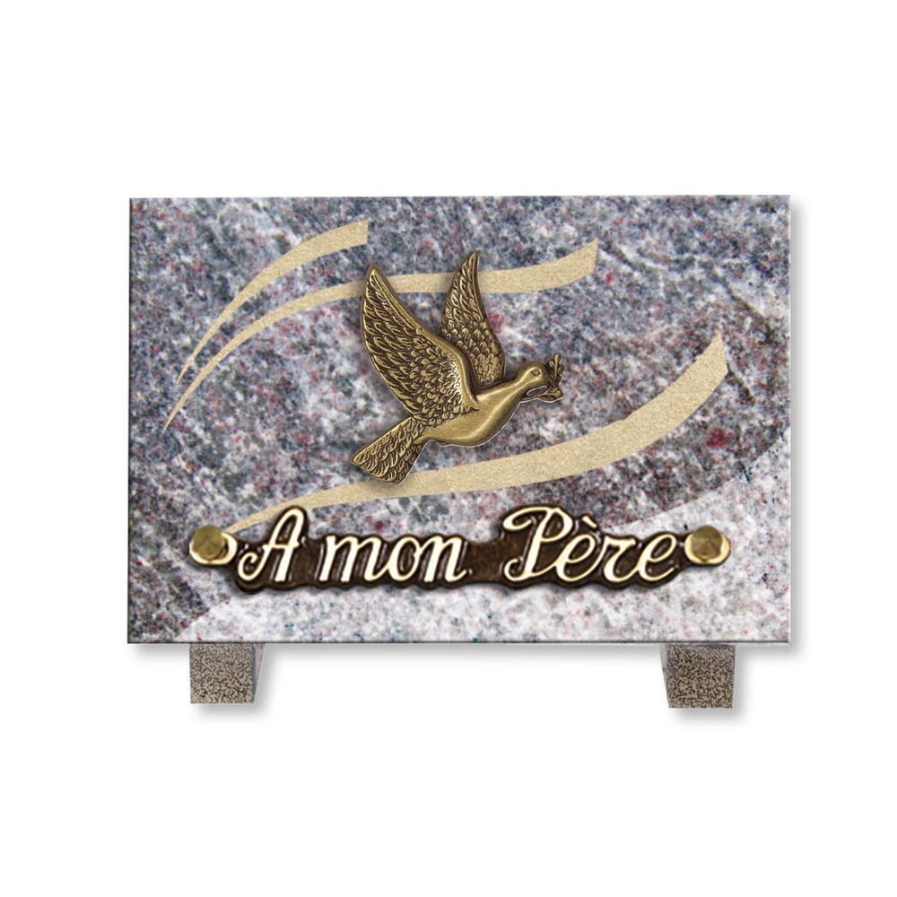 Plaque souvenir en granit 12x18cm avec colombe en bronze
