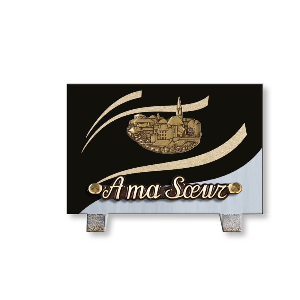 Plaque souvenir en granit 12x18cm avec village en bronze