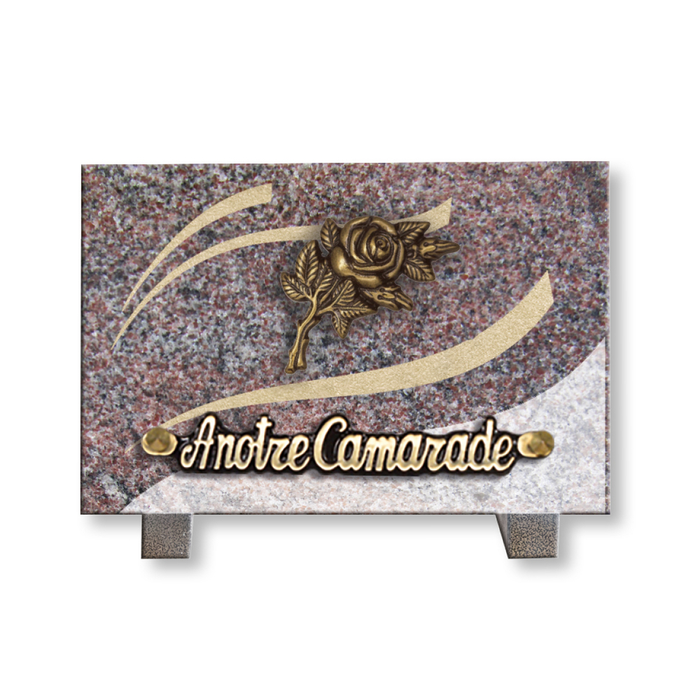 Plaque souvenir en granit 12x18cm avec rose en bronze