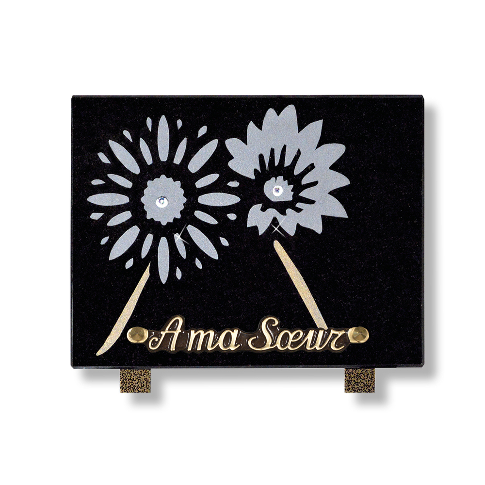 Plaque souvenir en granit 15x20 cm avec décor floral gravé