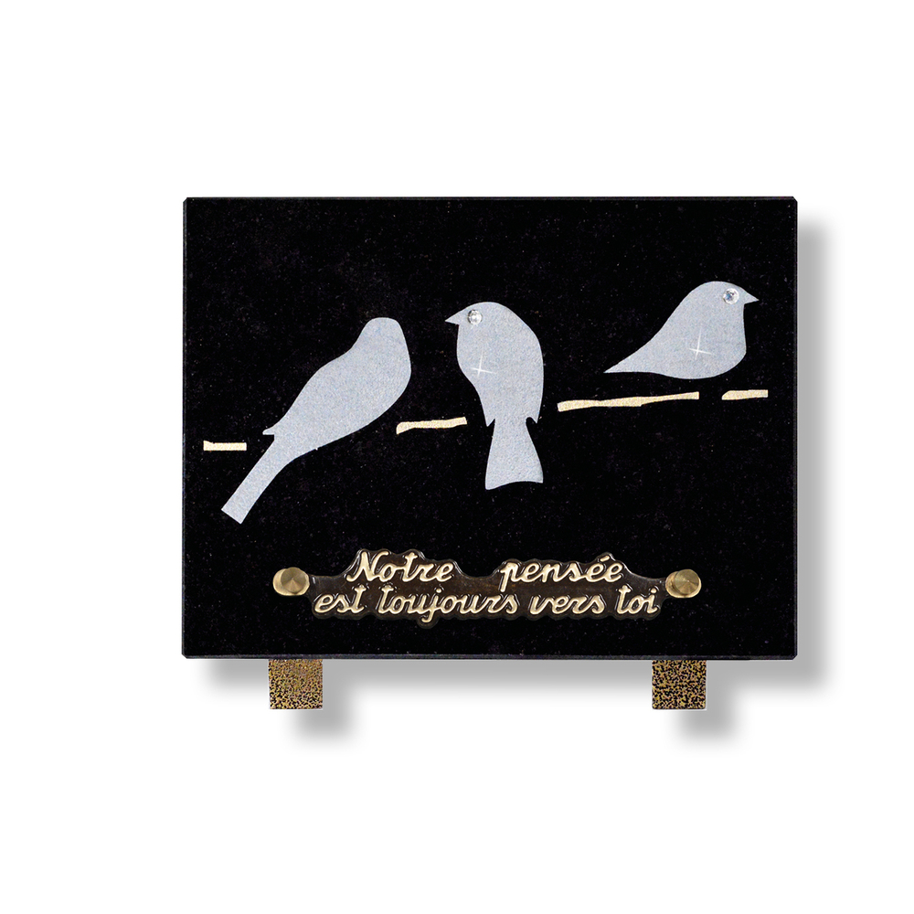 Plaque souvenir en granit 15x20 cm avec décor oiseaux gravé