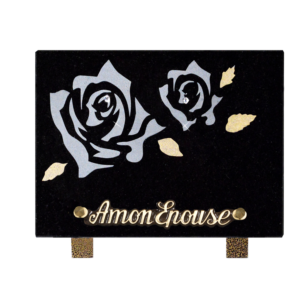 Plaque souvenir en granit 15x20 cm avec décor roses gravé