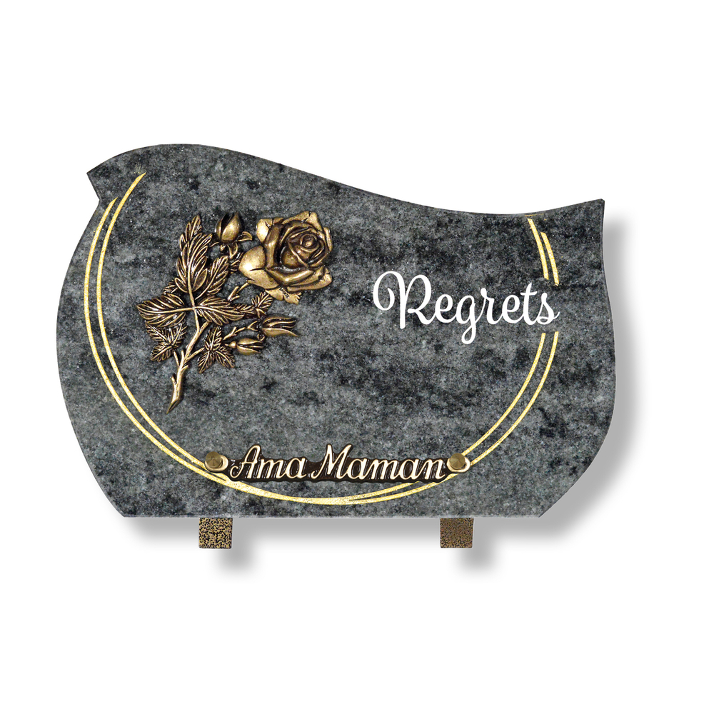 Plaque souvenir en granit 20x30 cm avec décor or fin et rose en bronze