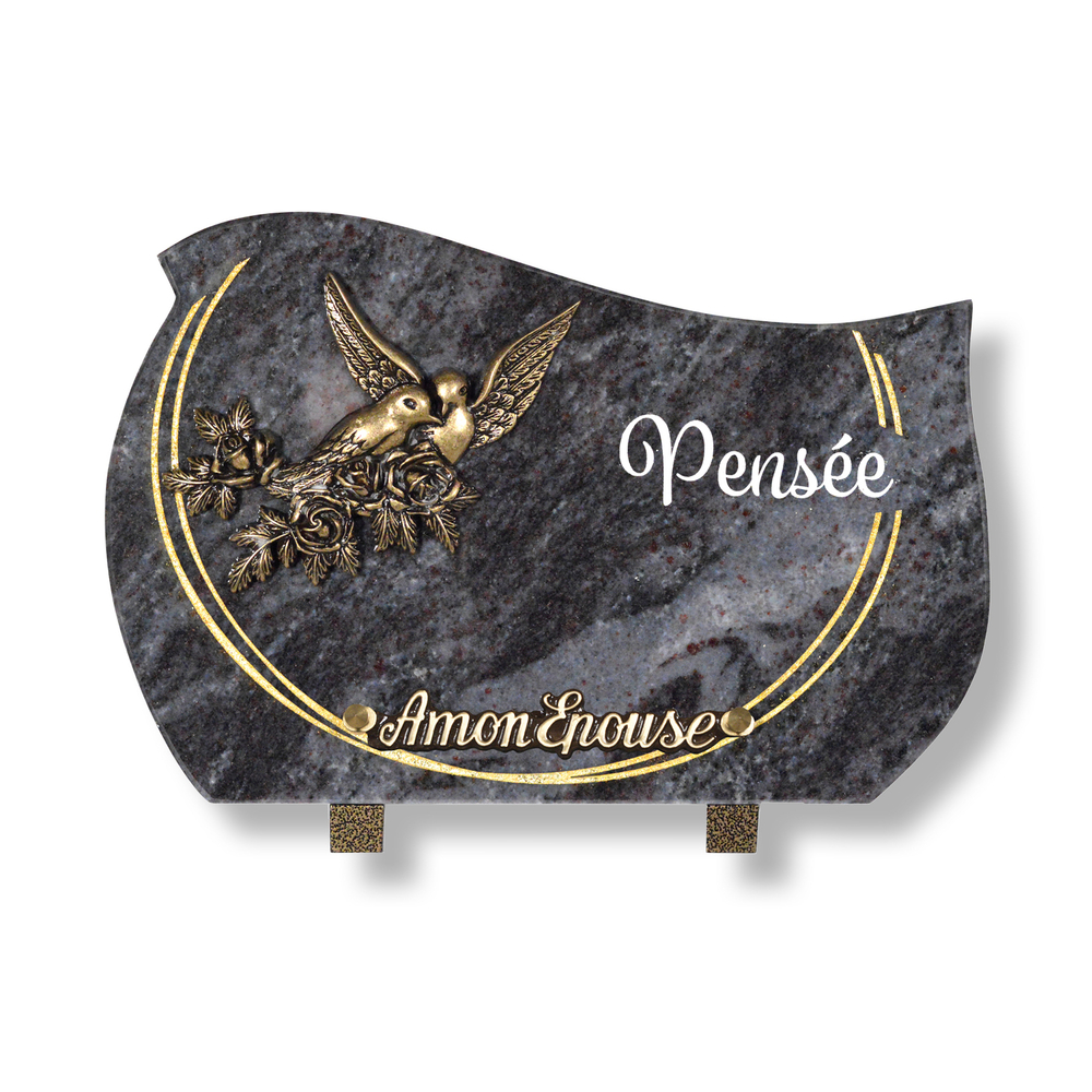 Plaque souvenir en granit 20x30 cm décor or fin & colombes en bronze