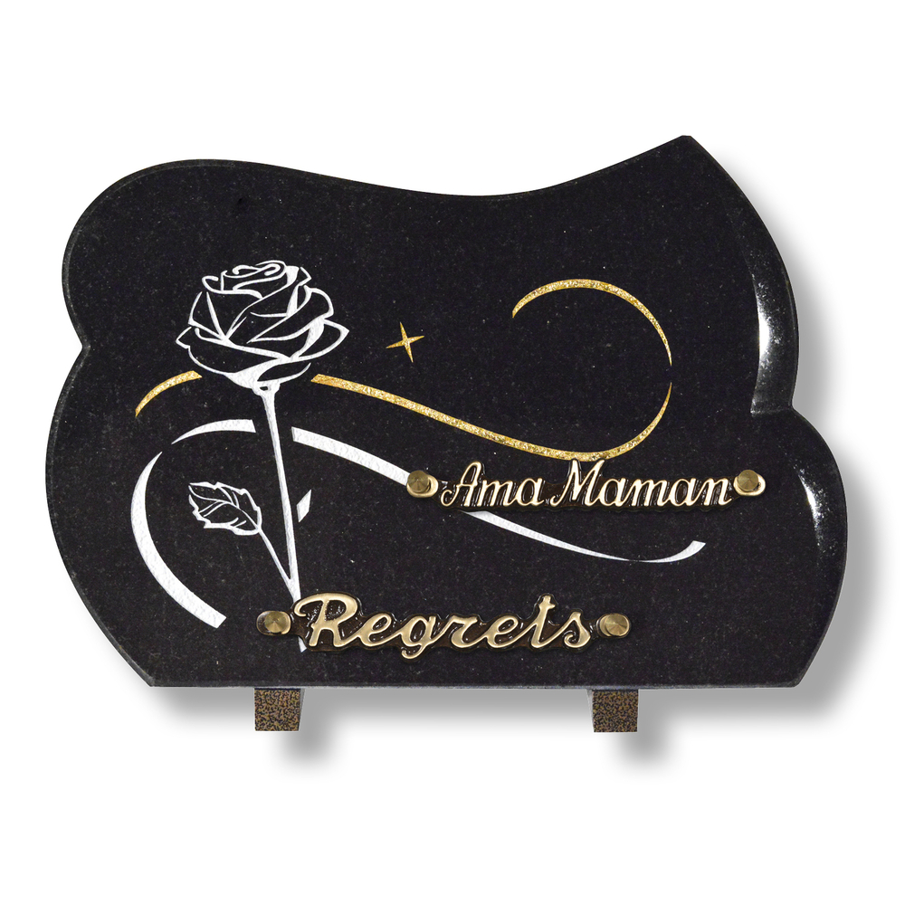 Plaque souvenir en granit 20x30 cm avec décor rose gravé et or fin