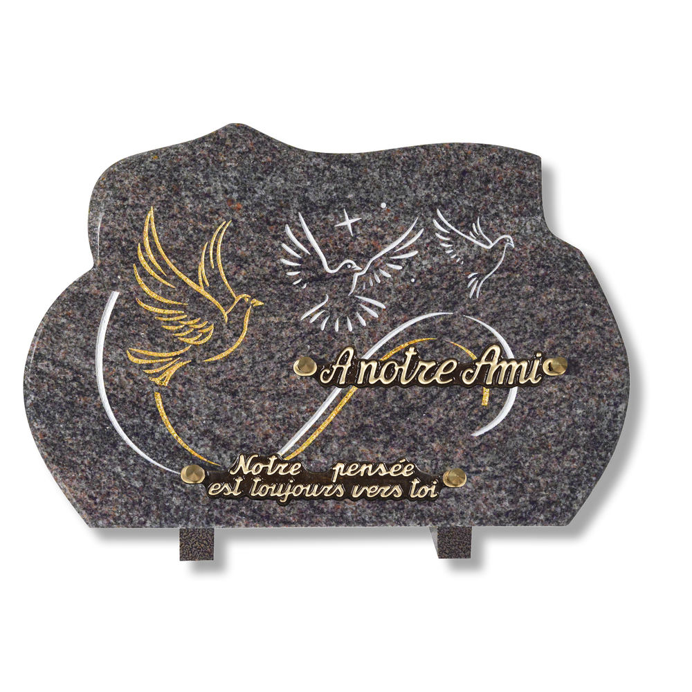 Plaque souvenir en granit 20x30 cm avec décor colombes gravé et or fin