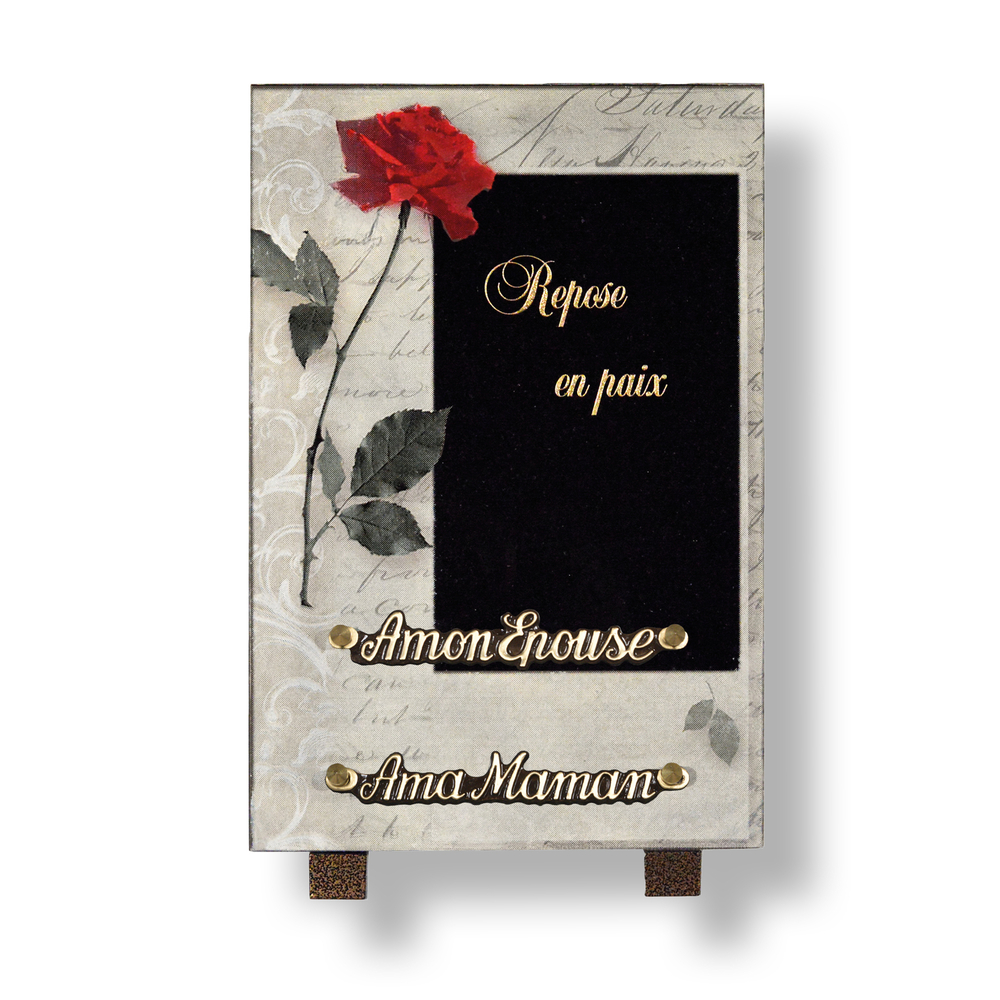 Plaque souvenir en granit 30x20 cm avec photogravure d'une rose rouge