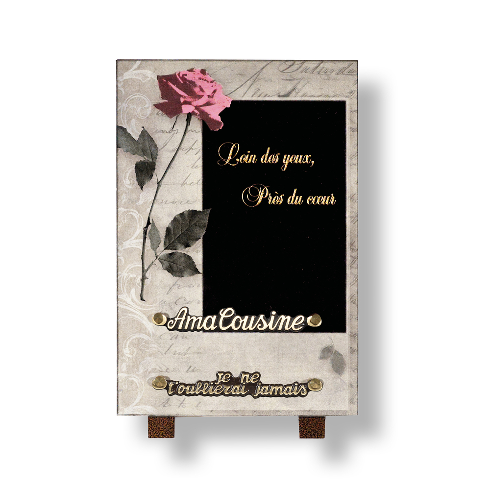 Plaque souvenir en granit 30x20 cm avec photogravure d'une rose rose