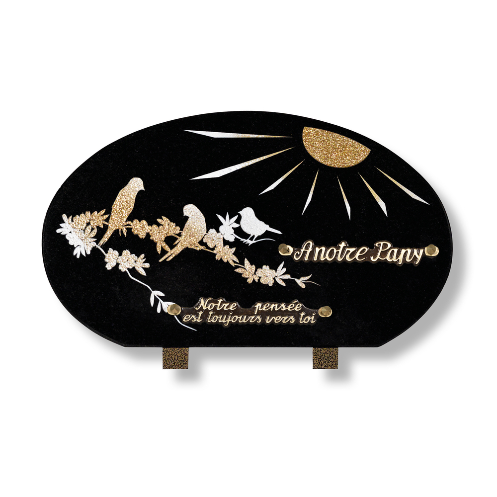 Plaque souvenir en granit 25x35 cm avec décor oiseaux gravé