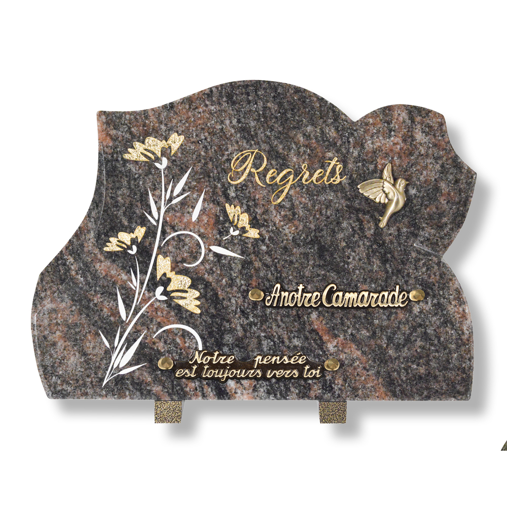 Plaque souvenir en granit 25x35 cm décor floral gravé & colombe bronze