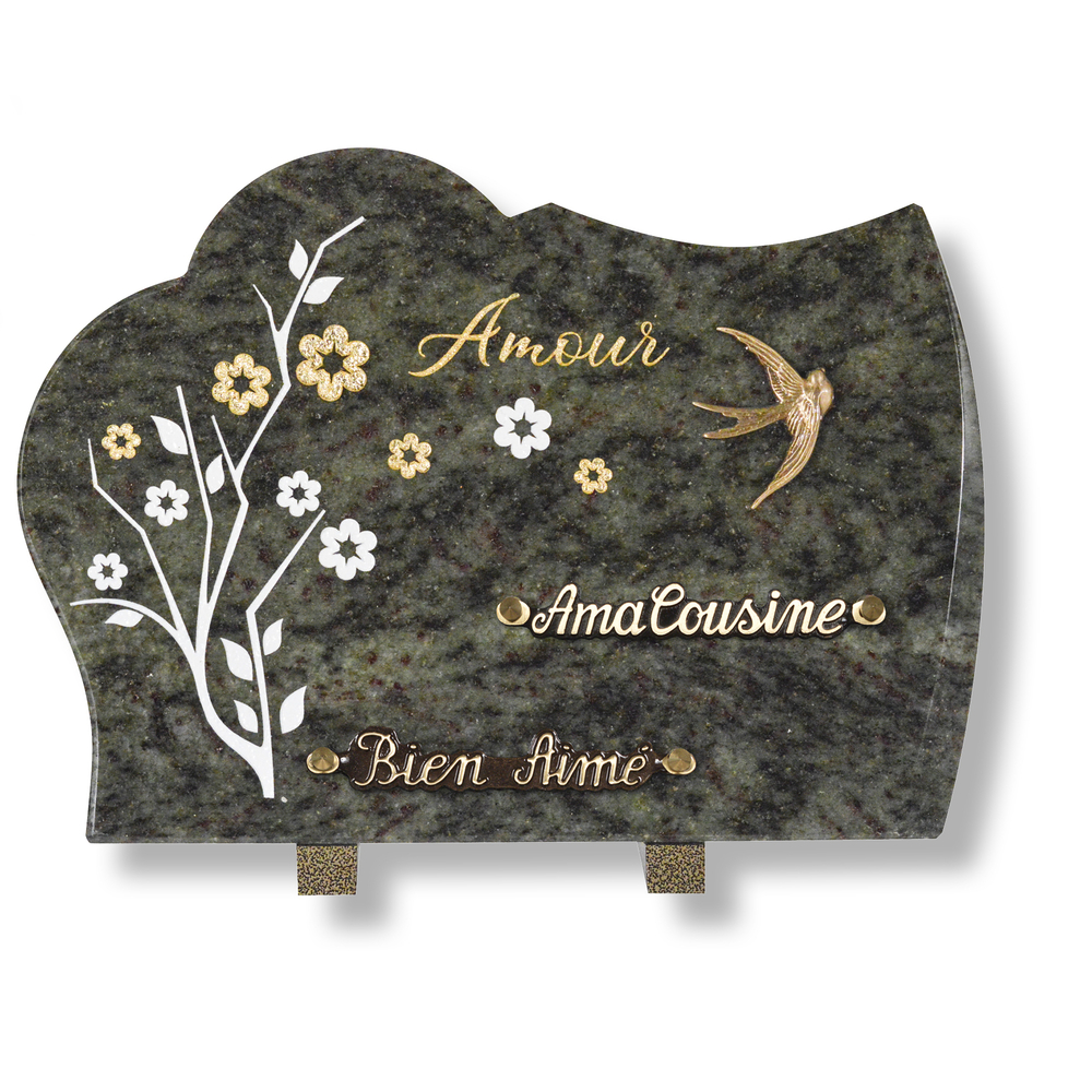 Plaque souvenir granit 25x35cm décor floral gravé & hirondelle bronze