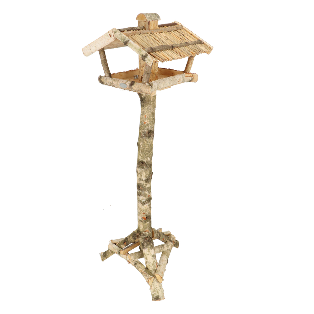 Mangeoire en bois de bouleau avec silo sur pied pour oiseaux du jardin