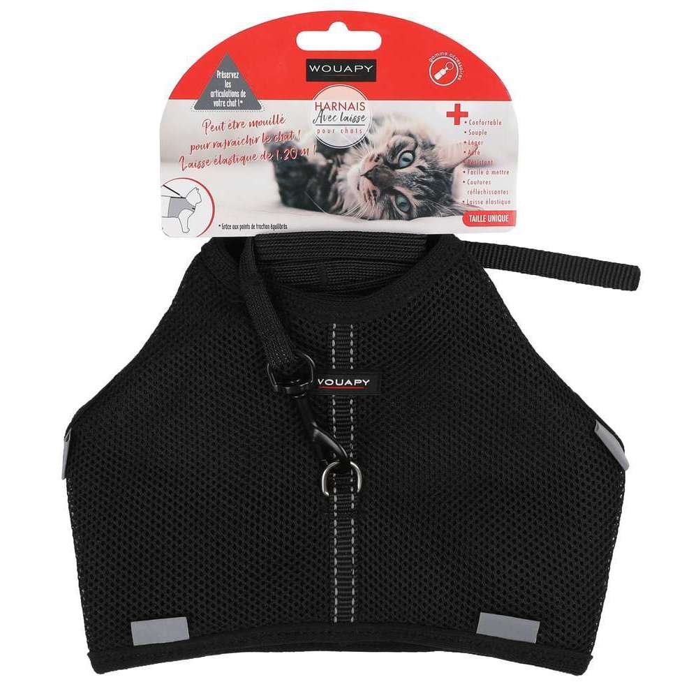 Harnais noir soft avec laisse 10x120mm pour chat