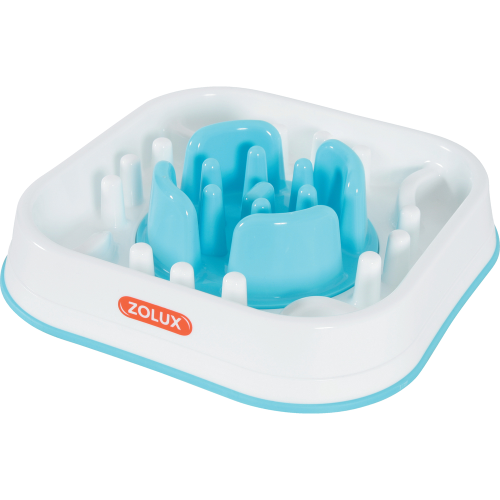 Ecuelle anti-glouton carrée blanche et bleu - 28 x 28 x 6,5 cm