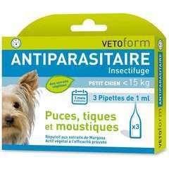Pipettes antiparasitaire insectifuges pour petit chien -15 kg  x 3